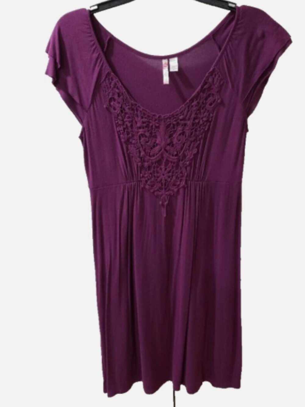 Degrees Maroon Knee Length Dress Battenburg Lace Bodice Elastic Waist SZ M (32")